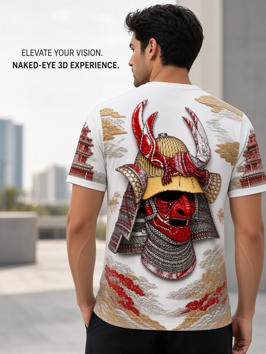 Japanese Samurai 3D Optical Illusion Graphic Tee Breathable Athletic Mesh T-Shirt Casual and Sports Wear
