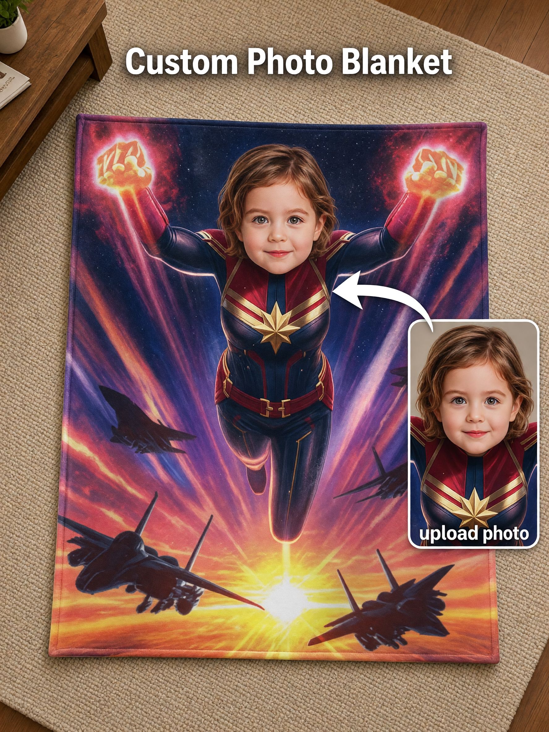 Personalized Superhero Face Blanket, Custom Photo Flannel Fleece Throw, Ideal Cozy Gift for Kids