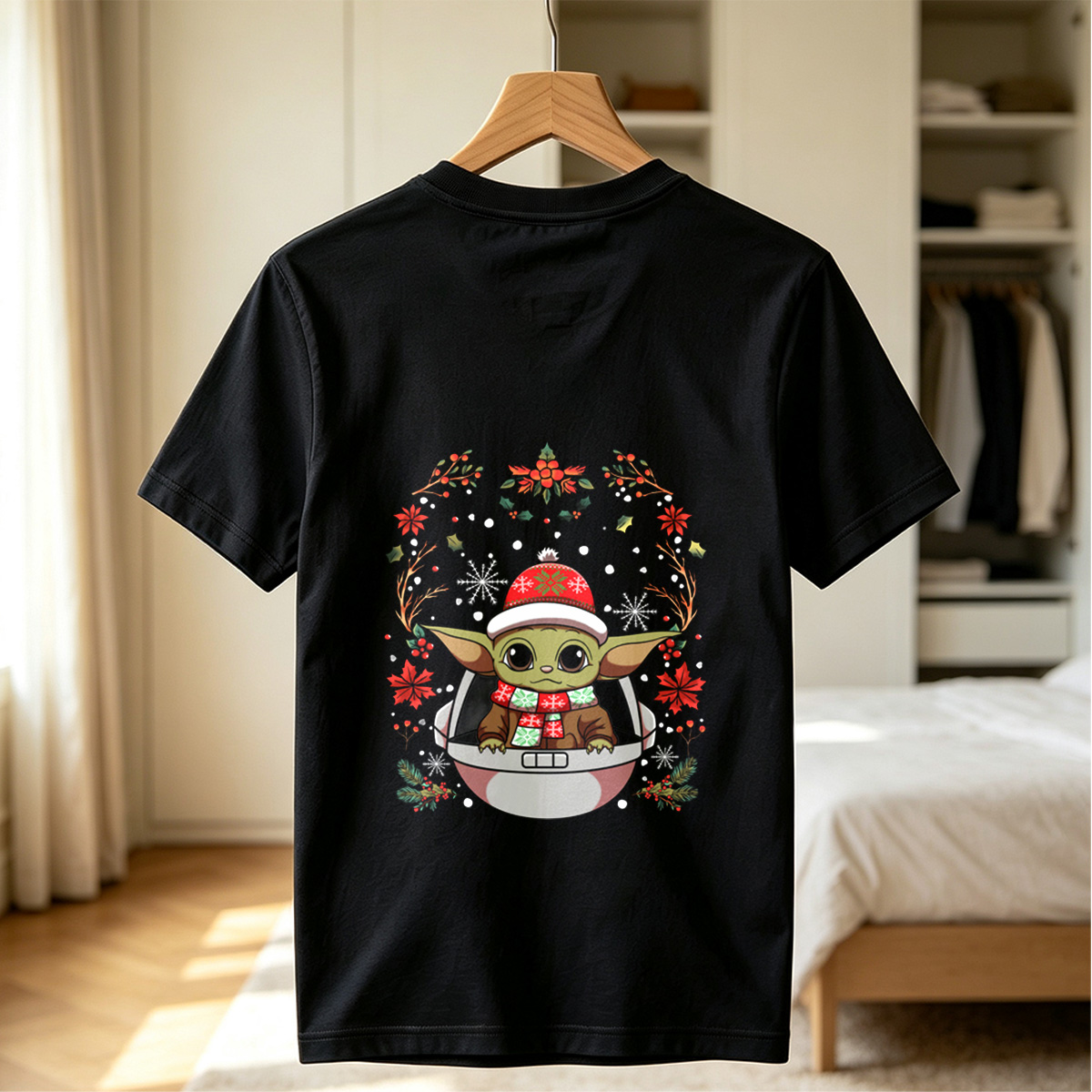 Baby Yoda in Christmas Hat and Scarf - Tee