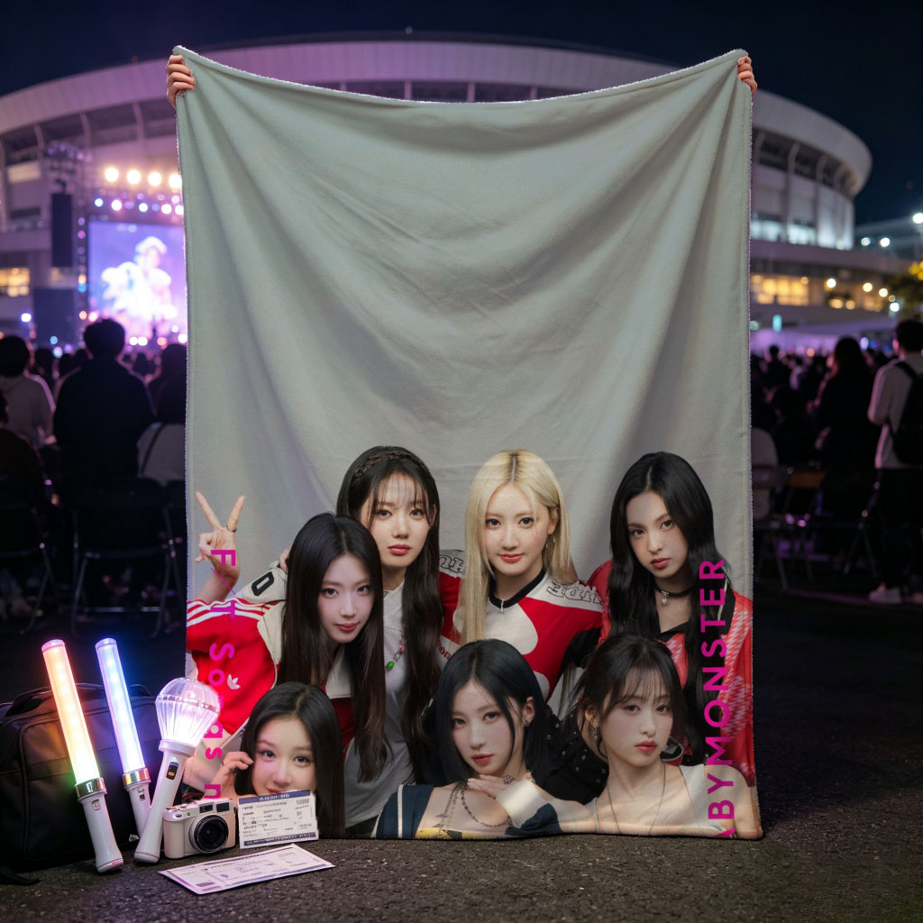 BABYMONSTER Group Photo - Seven Members Posing in Casual Outfits with Playful Expressions and Hand Gestures - Blankets