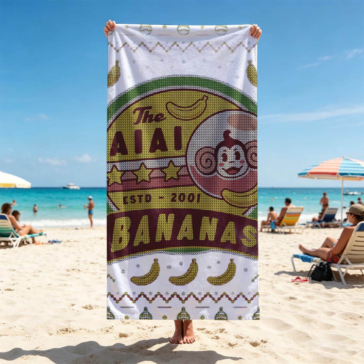 The AIAI Bananas - Est. 2001, Monkey Logo with Bananas and Festive Pattern - Beach towels