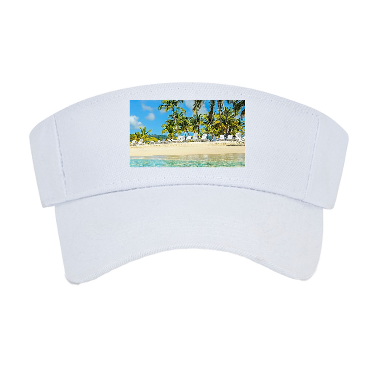 Crystal clear waters meet sandy beach with palm trees and lounge chairs under a bright blue sky. -  Visor cap