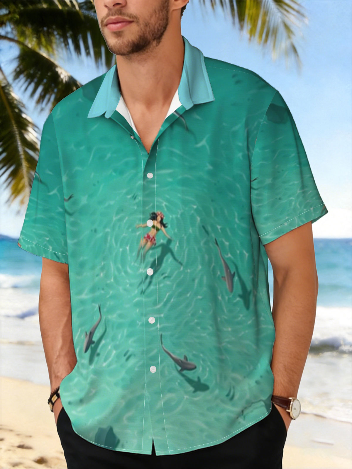 Woman swimming with sharks in clear turquoise water -  Shirt