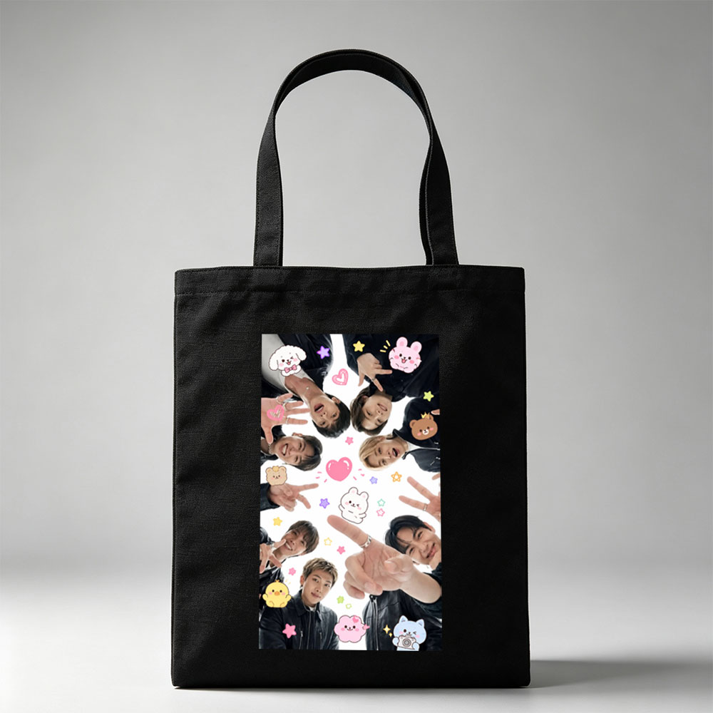 BTS Members in a Circle with Cute Stickers and Peace Signs - Canvas tote bags