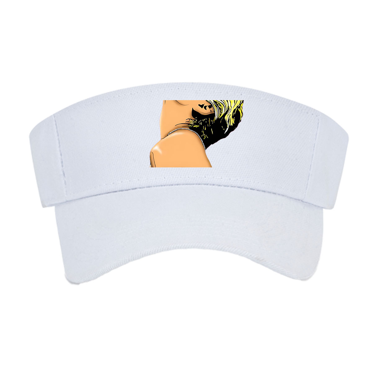 Miley Cyrus in a stylized portrait with bold yellow hair and a black top, artwork by Nerd Jersey Arts. -  Visor cap
