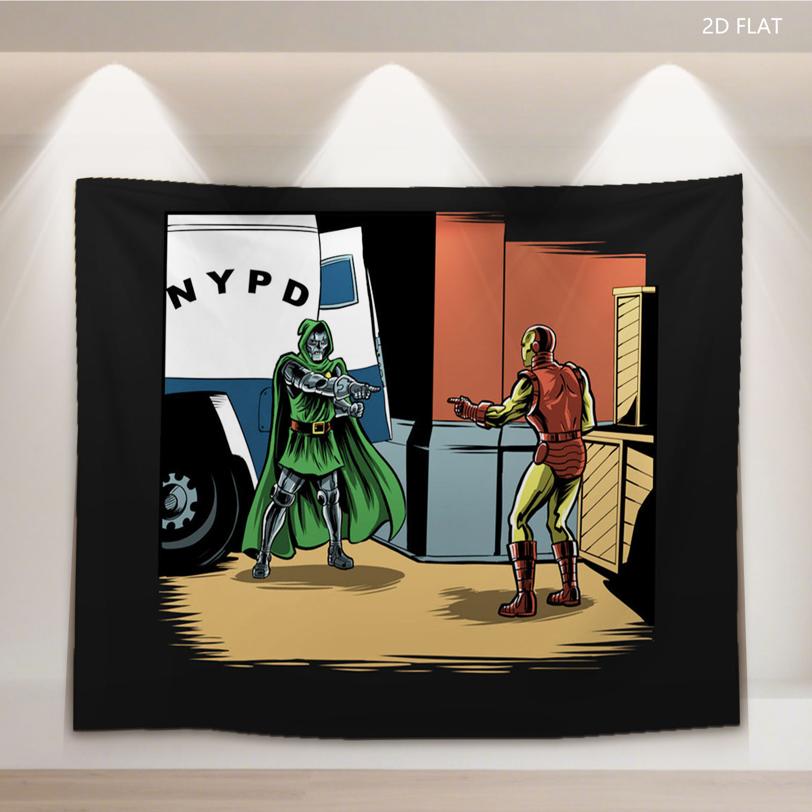 Doctor Doom and Iron Man confront each other near an NYPD van - Tapestry