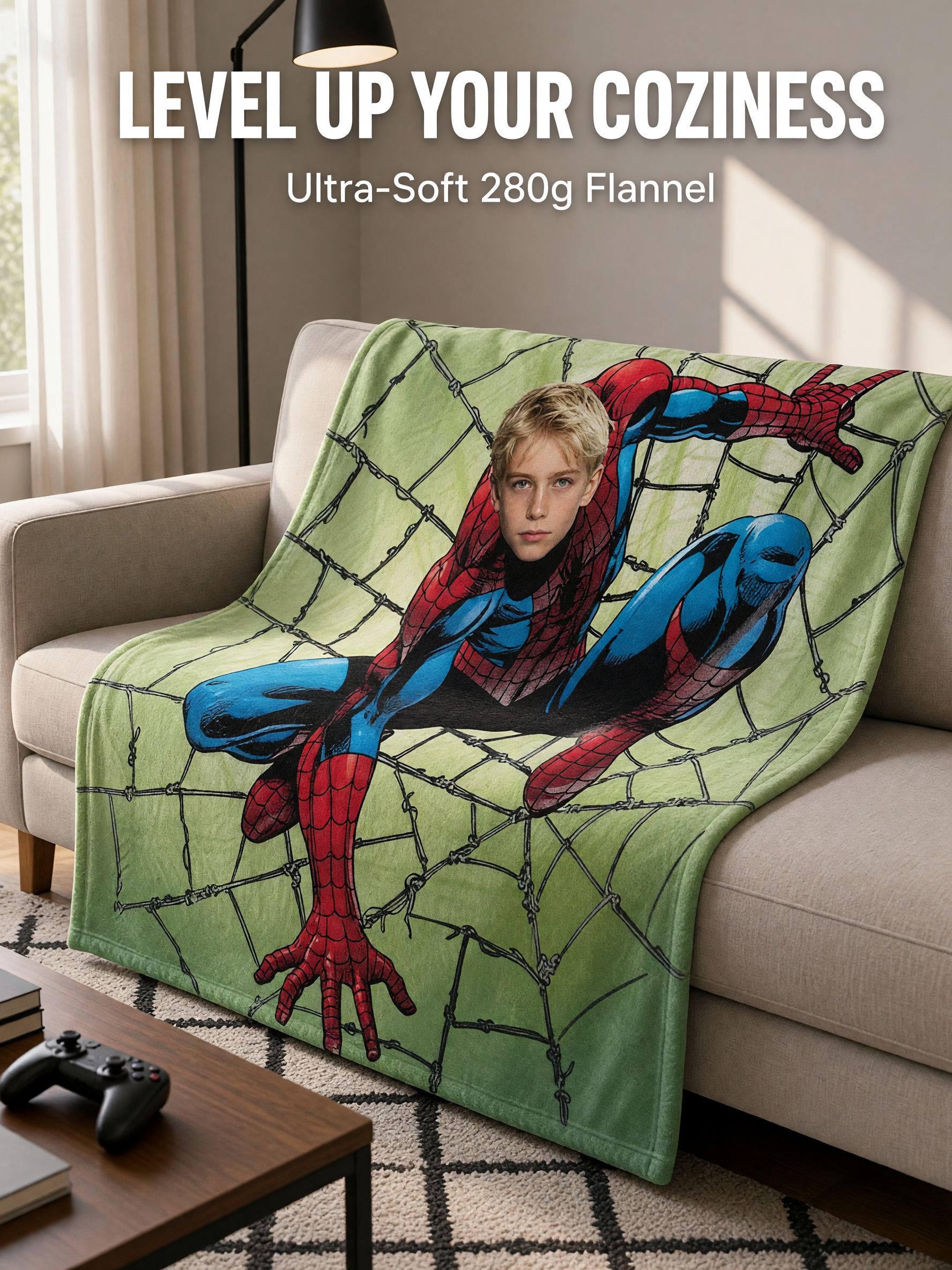 Custom Superhero Face Photo Blanket Ultra Soft Flannel Throw Personalized Bed Couch Keepsake Gift for Boys
