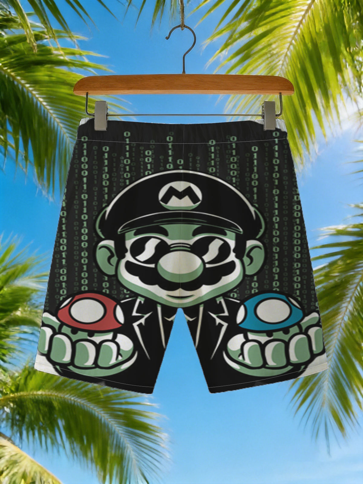 Mario in Matrix Code with Red and Blue Mushrooms -  Beach shorts