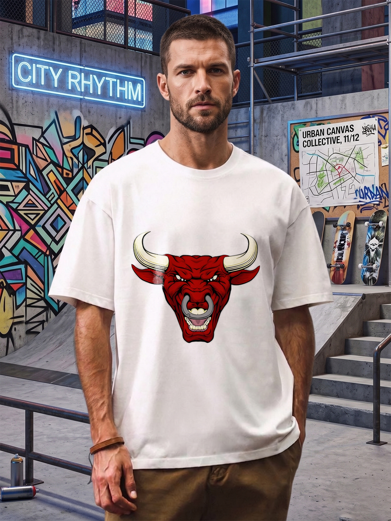 Men's Printed T-Shirt Red Bull Head Graphic Design Casual Round Neck Summer Lightweight Breathable Short Sleeve T-Shirt for Outdoor Activities Fitness Gym Wear Men