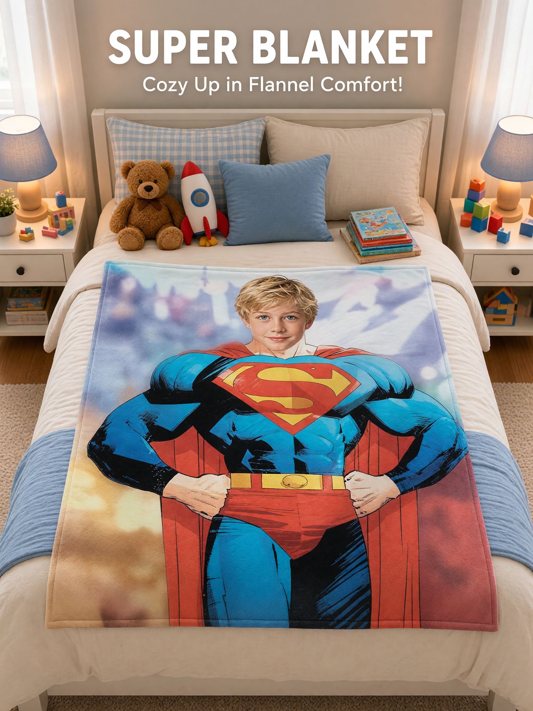 Custom Photo Superhero Flannel Blanket, Personalized Face Plush Throw, Cozy Warm Keepsake Gift for Kids and Family