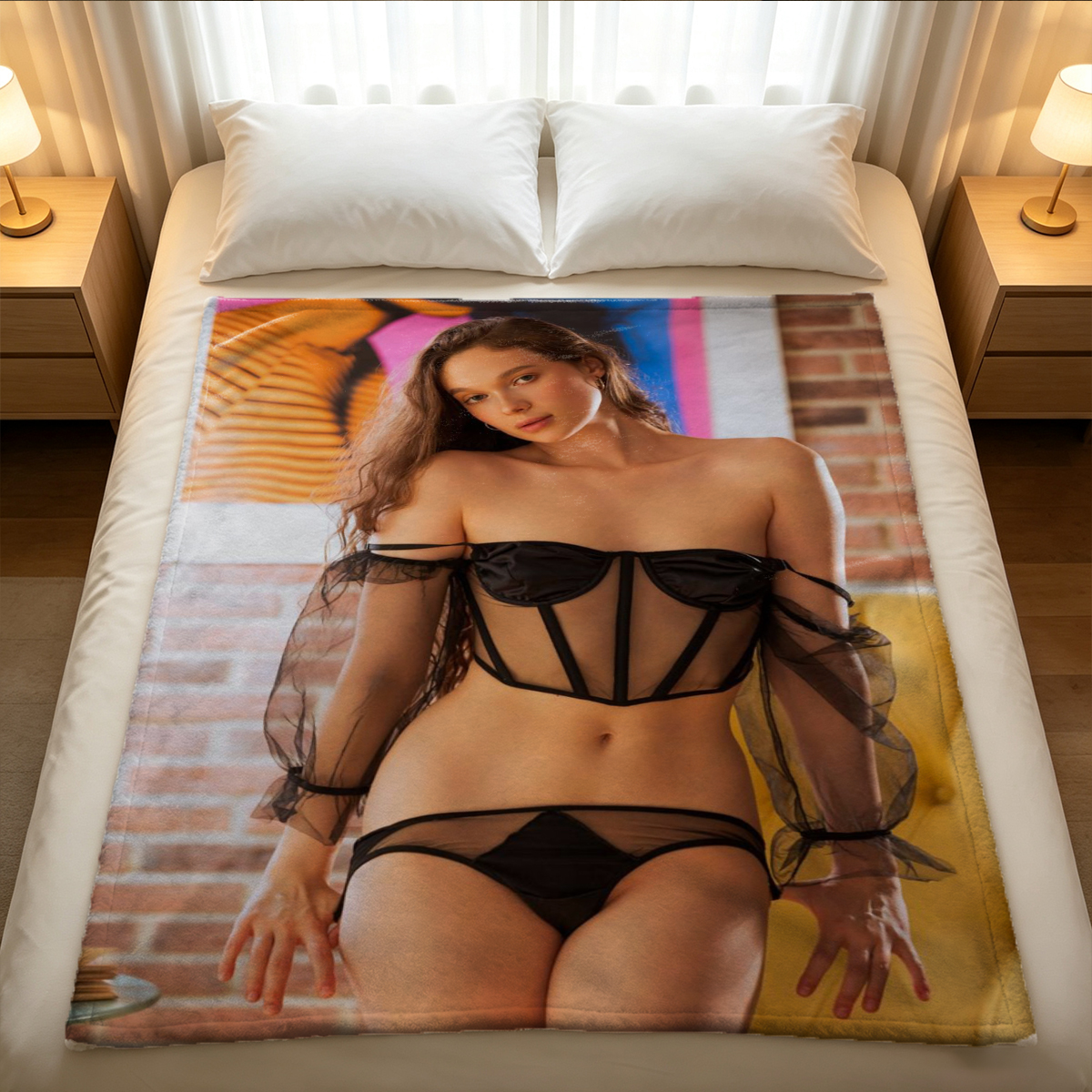 Red Lingerie Seduction on Tufted Couch - Blanket