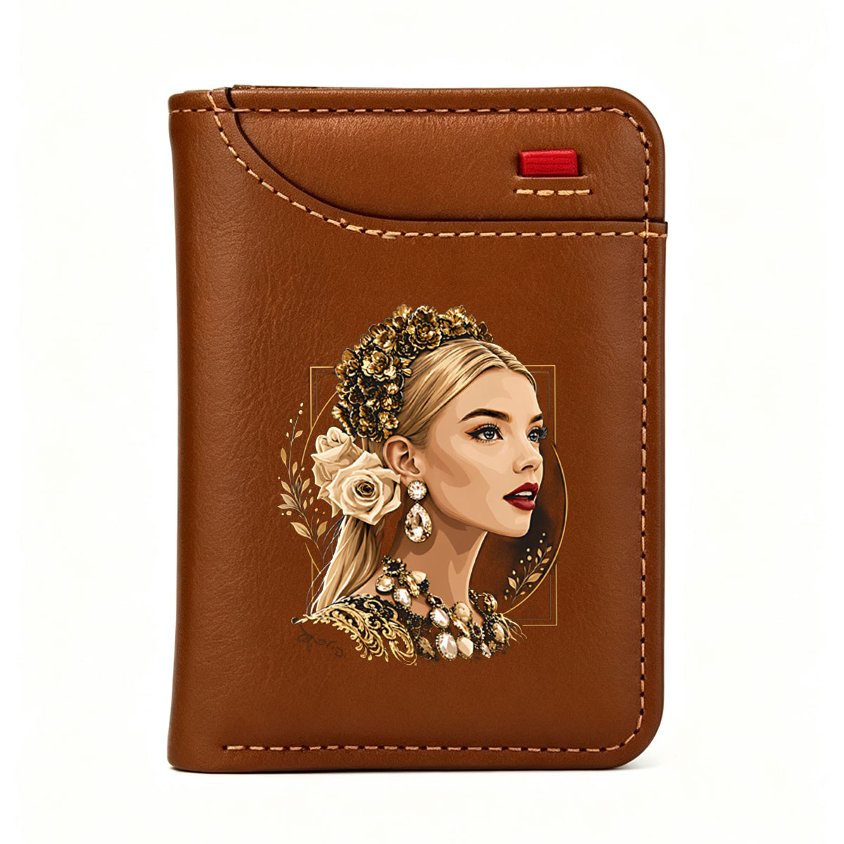 Golden Rose Queen: Elegant Portrait of a Blonde Woman with Floral Crown and Jewelry - Vertical Style Wallet