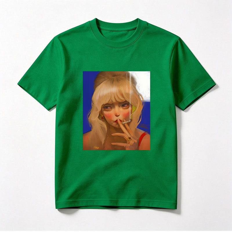 Blonde Woman Smoking Cigarette with Red Earrings and Ring - Tee