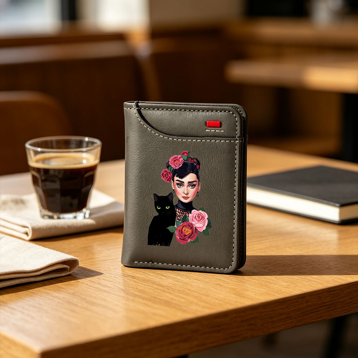Audrey Hepburn with Roses and Black Cat - Vertical Style Wallet