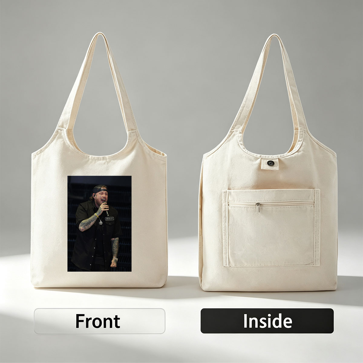 Cody Johnson Performing on Stage with Microphone and Tattooed Arms - Canvas shoulder bags/