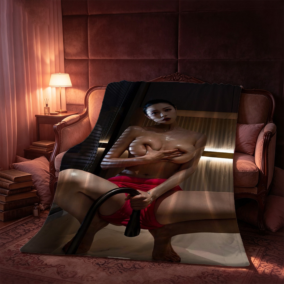 Two Women in Purple and Red Lingerie Embracing on a Sofa - Blanket