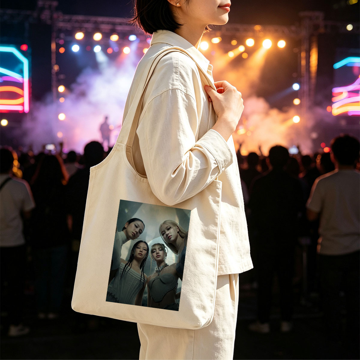 BLACKPINK in Futuristic Fashion Scene - Four Members Pose in Sleek, High-Tech Outfits Against a Dramatic, Otherworldly Background - Canvas shoulder bags/