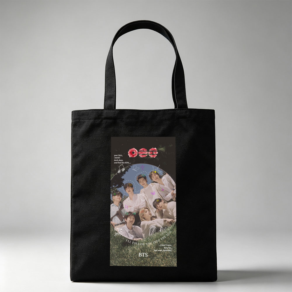 BTS Group Photo on Grass with Dreamy Sky Background and Inspirational Quotes - Canvas tote bags