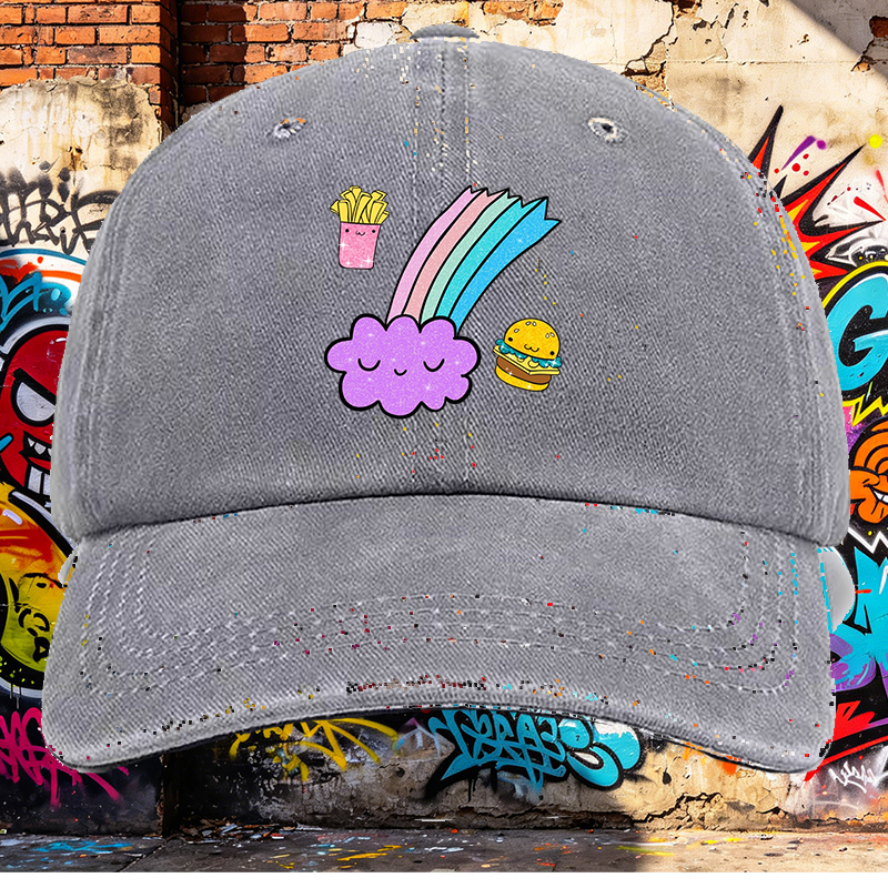 Men's Printed Washed Cap with Cute Rainbow Cloud, Fries and Burger Design - Casual Round Brim Summer Lightweight Hat for Outdoor Activities, Travel, and Daily Wear - Ideal for Young Adults and Trendy Urban Style Lovers