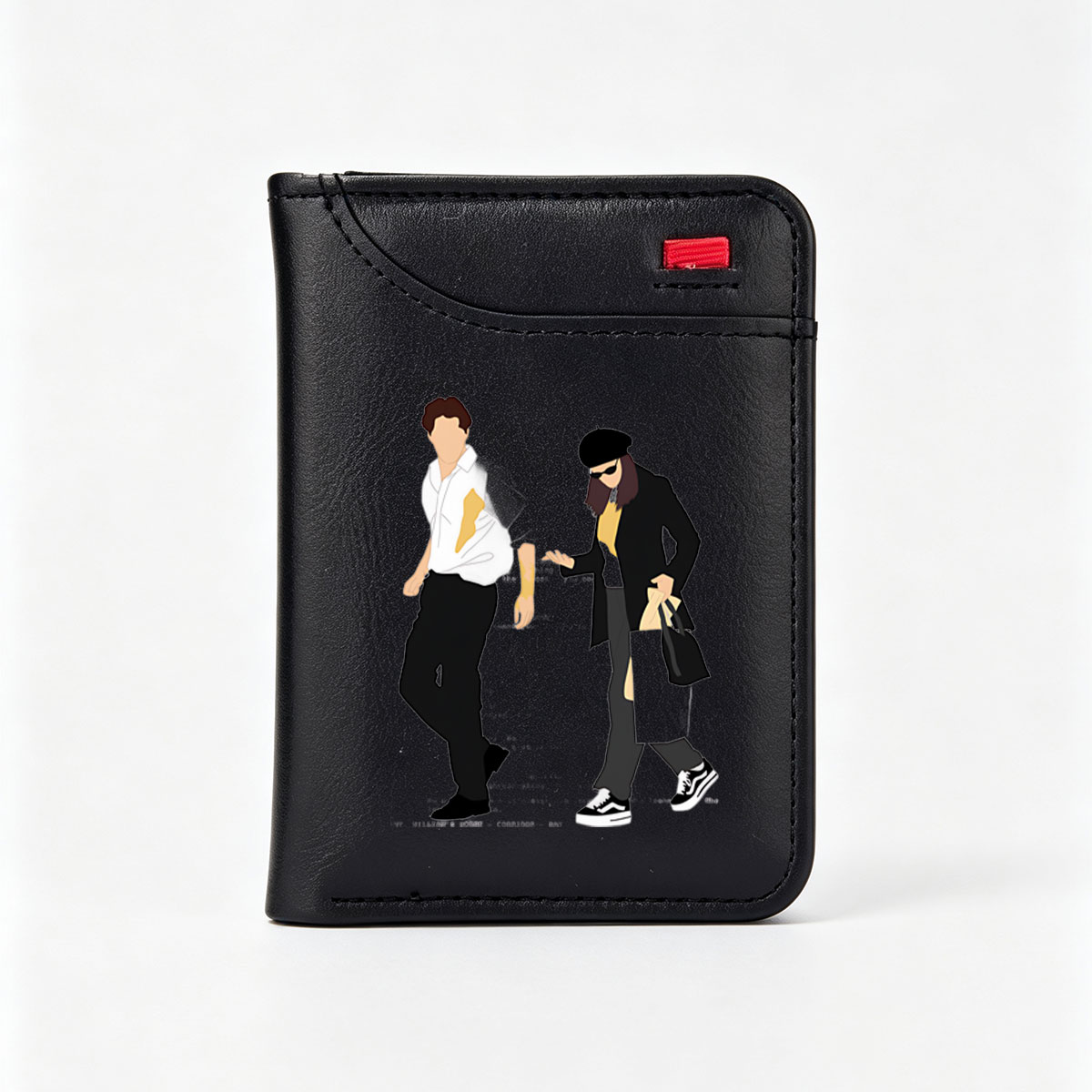 Fashion Duo in Urban Style: Man in White Shirt and Black Pants, Woman in Beret, Sunglasses, and Coat - Vertical Style Wallet