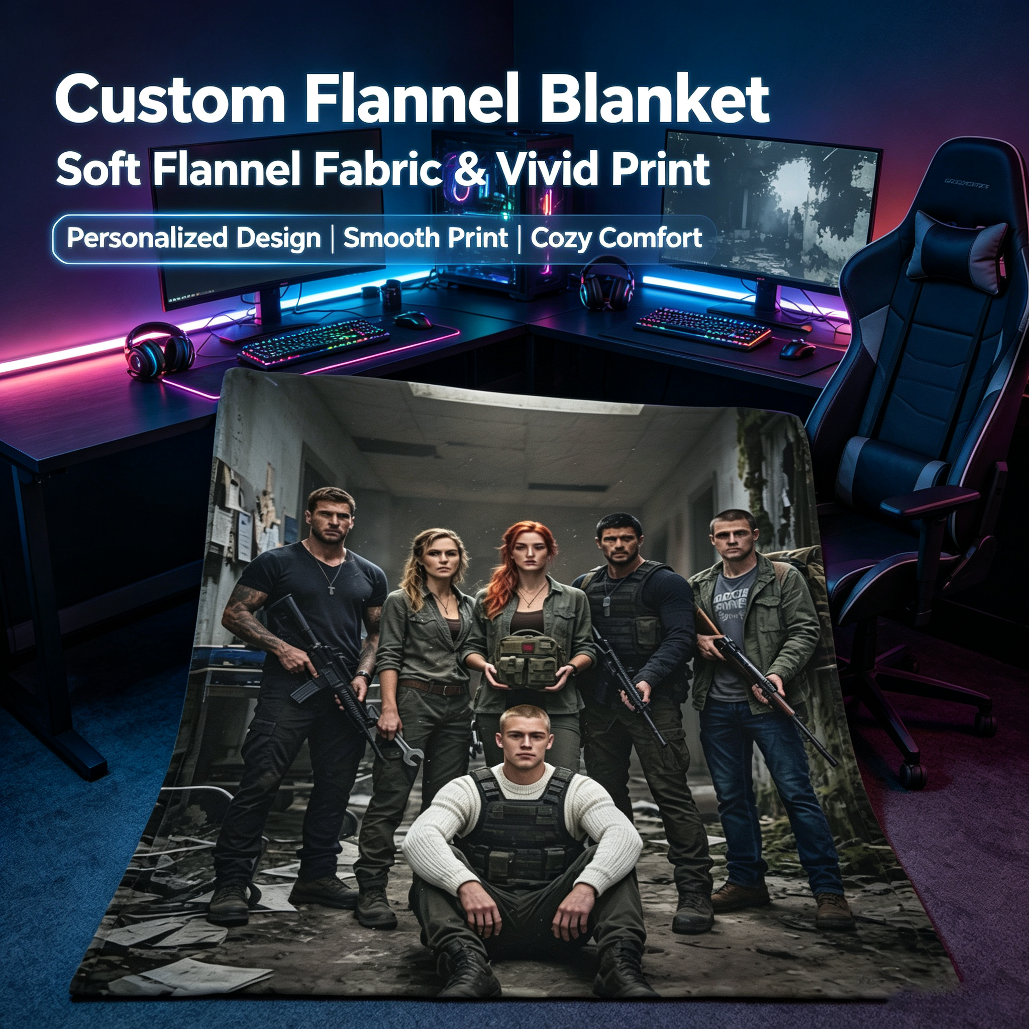 Custom Face Blanket - Post-Apocalyptic Survival Team Portrait Flannel Blanket - Perfect for Couch, Bed, or Camping - Ideal Gift for Fans of Dystopian Series and Action Movies