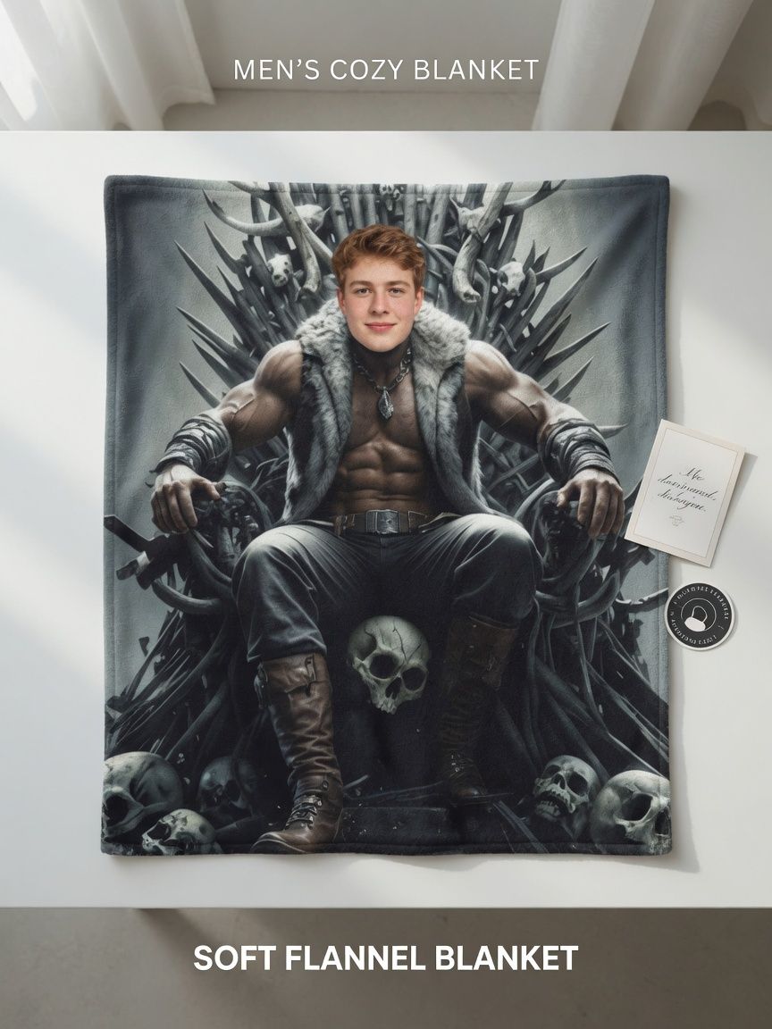 Custom Photo Face Flannel Blanket, Personalized Fantasy Warrior Throw, Soft Fleece Cover, Unique Novelty Gift