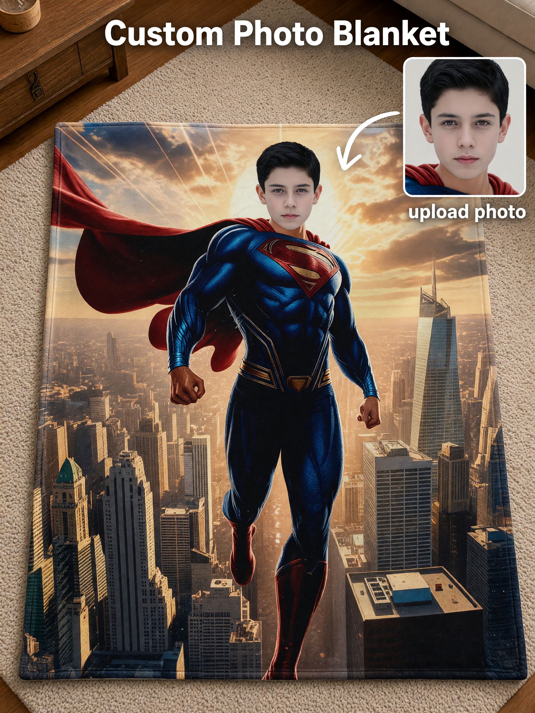 Custom Face Superhero Flannel Blanket, Personalized Photo Throw for Kids and Adults, Cozy Bed and Sofa Fleece Gift