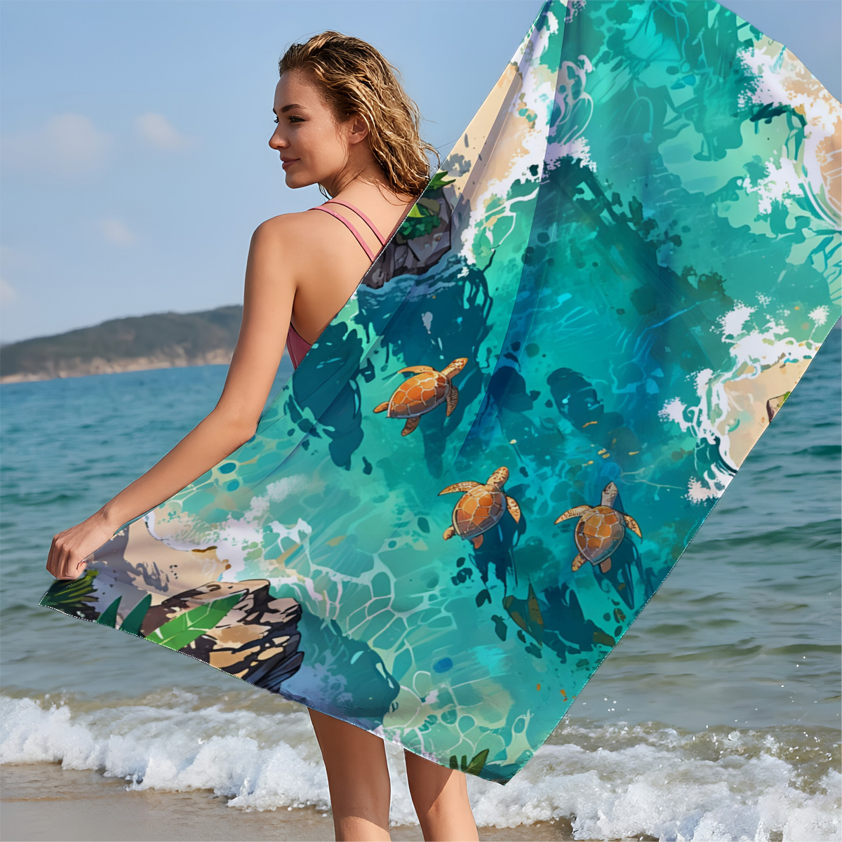 Turtles swimming in crystal-clear tropical waters near sandy shores and palm trees. - Beach towels