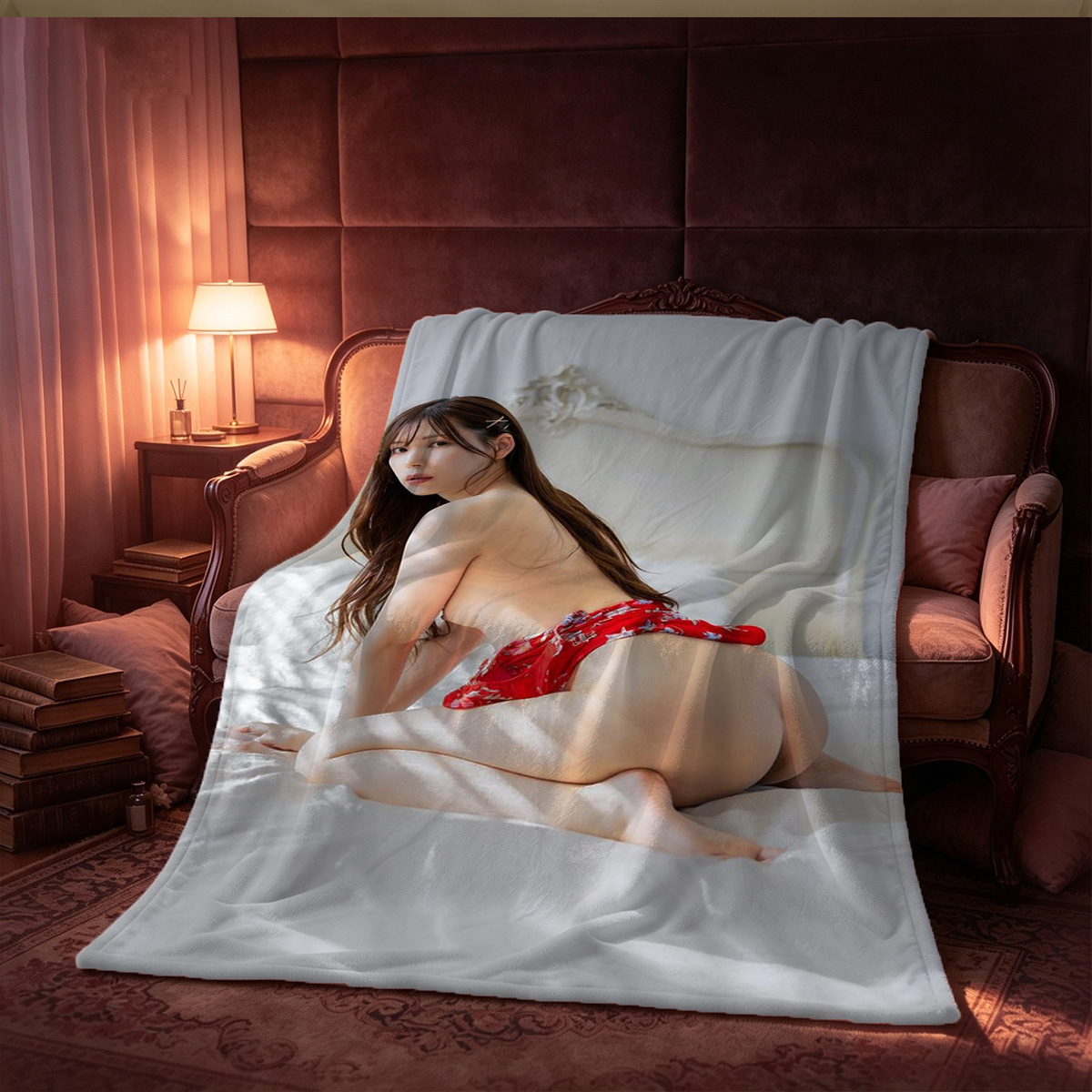 Cute Chinese beauty in black lace cheongsam holding a candle. - Blanket