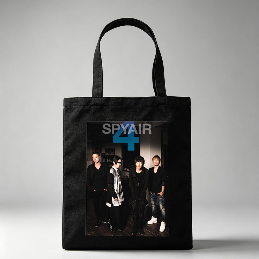 SPYAIR Band Members Standing in a Dimly Lit Room with Bold Number 4 and Band Name Overlay - Canvas tote bags