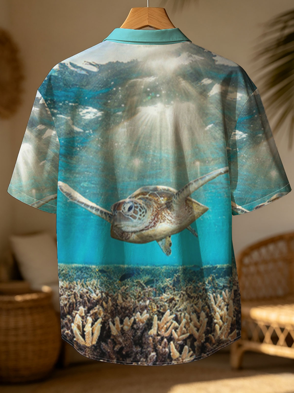 Sea turtle glides through sunlit coral reef -  Shirt