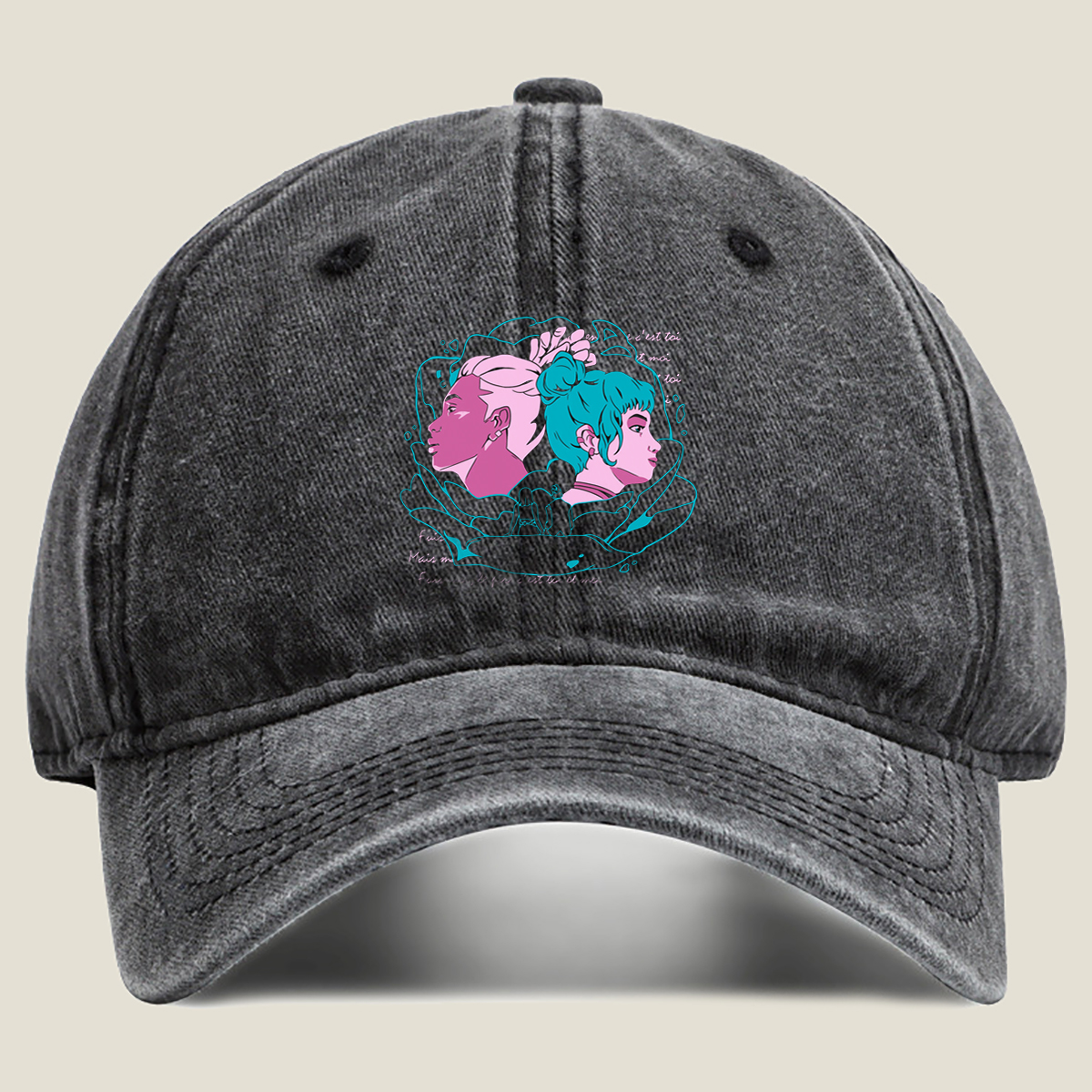 Two Women in Profile: A Stylized Artwork Featuring Pink and Teal Hair with French Text - Washed Denim - Baseball Cap