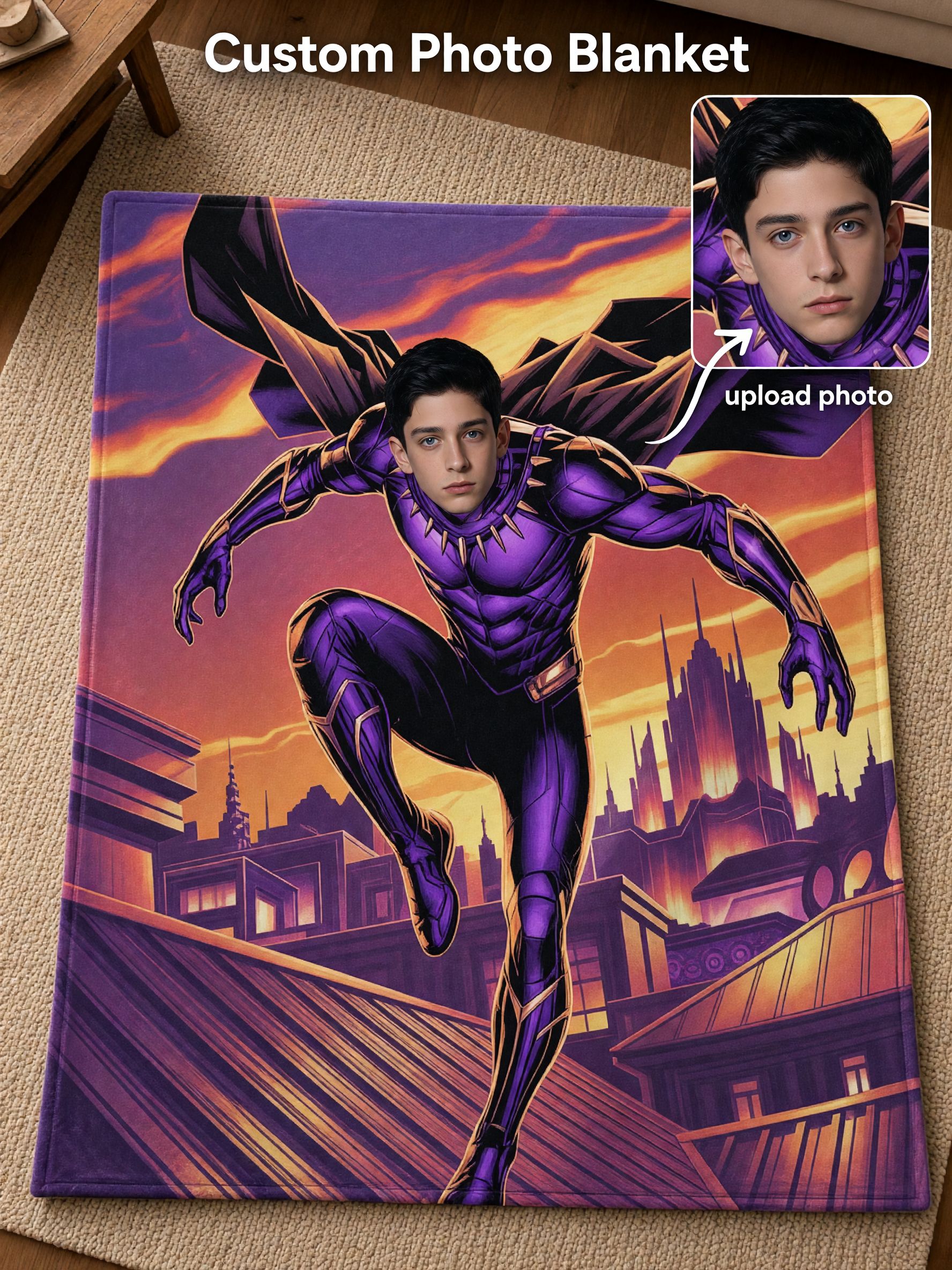 Custom Face Flannel Blanket With Purple Superhero Cityscape Art, Personalized Photo Throw Gift For Kids And Comic Fans