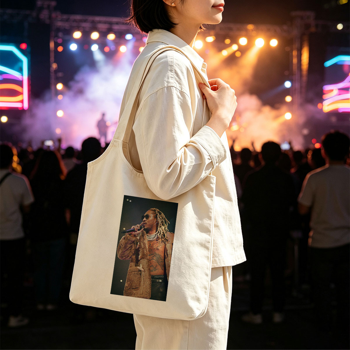 Future Performing on Stage in a Fur Coat and Sunglasses - Canvas shoulder bags/