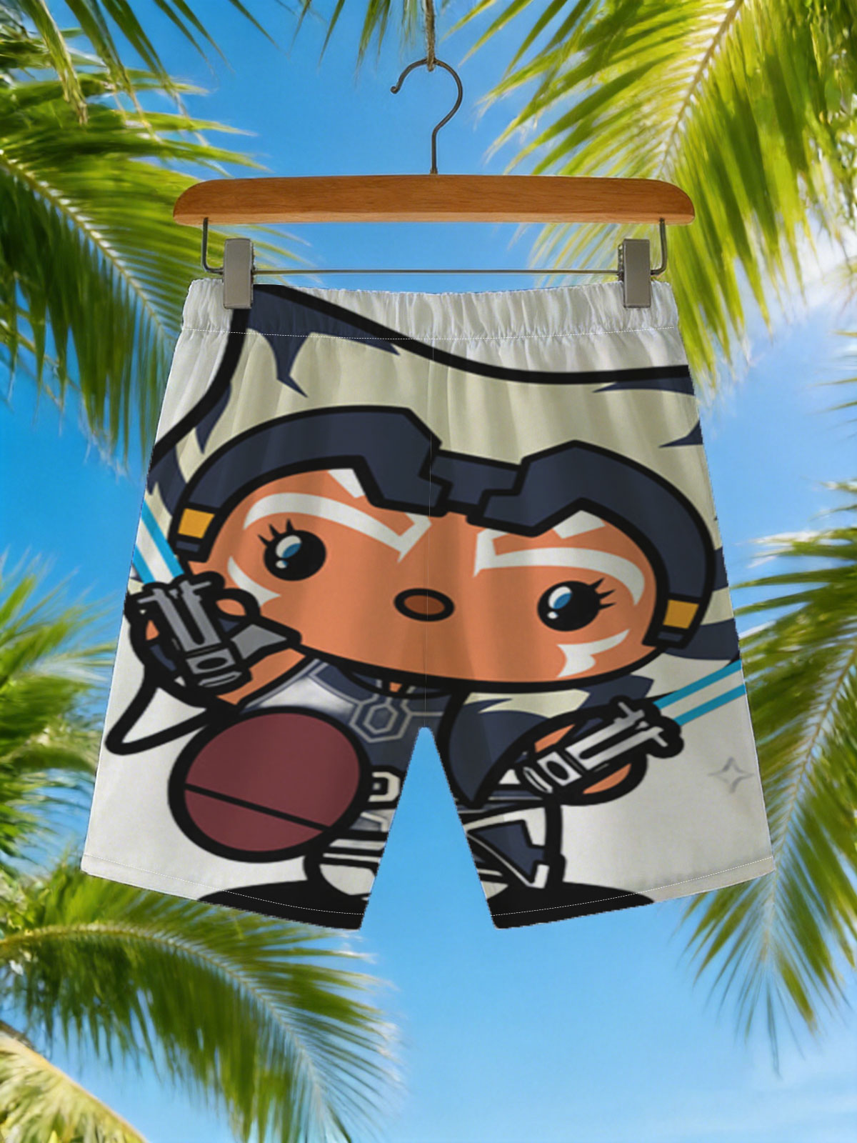 Ahsoka Tano Chibi with Dual Blue Lightsabers -  Beach shorts