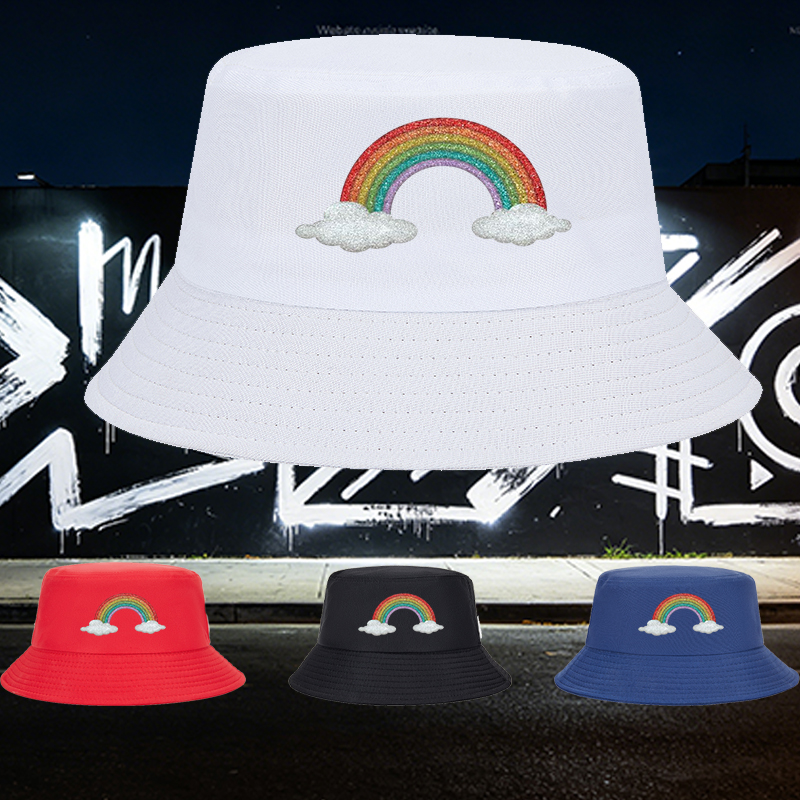 Unisex Rainbow Glitter Bucket Hat with Cloud Design - Classic Fisherman Hat for Outdoor Activities, Beach, Travel, and Casual Wear - Perfect for Youth, Adults, and Fashion Lovers Seeking Vibrant Style