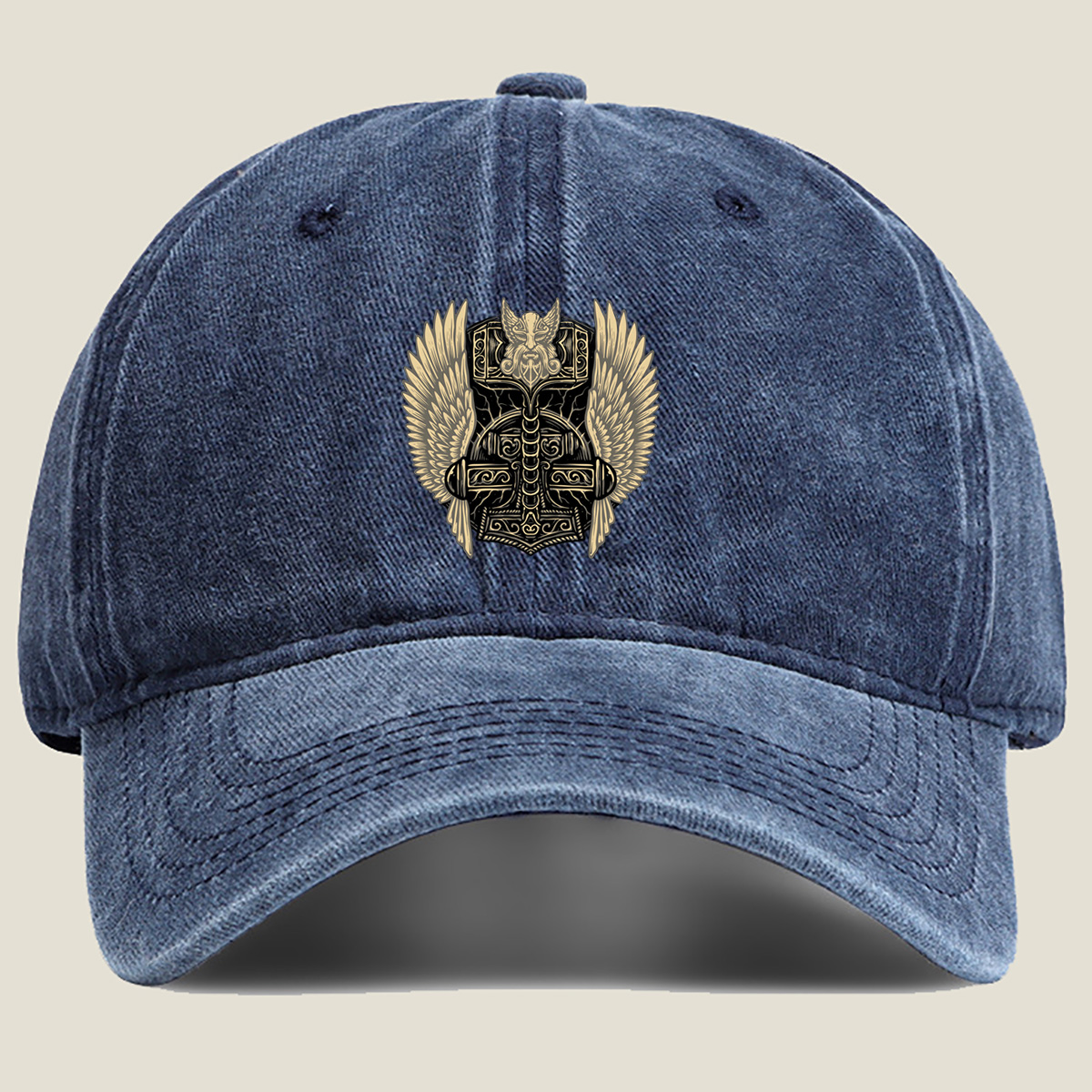 Thor's Hammer with Winged Viking Warrior Design - Washed Denim - Baseball Cap