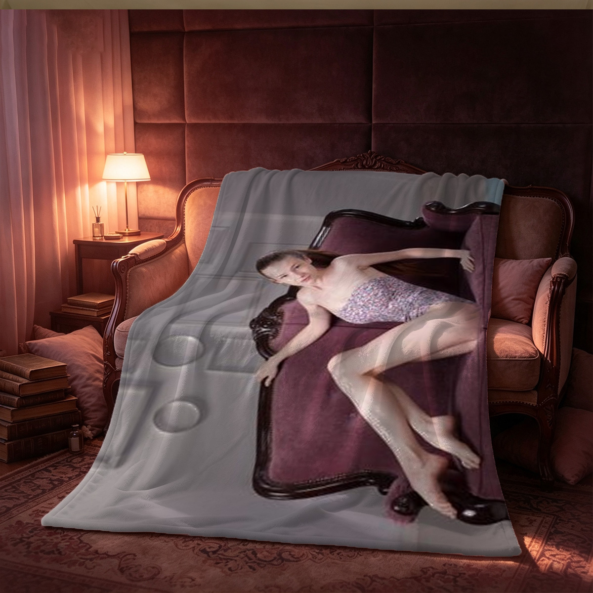 Nude Asian beauty in sheer purple hanfu kneeling in traditional Chinese setting - Blanket