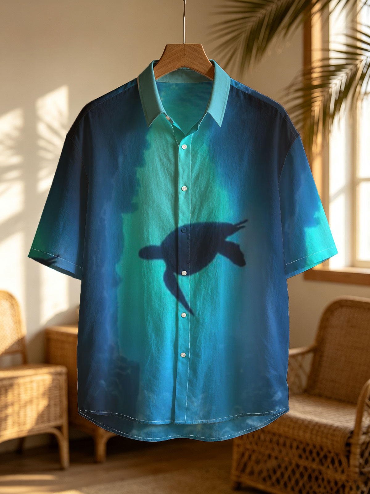 Sea turtle glides through a sunlit underwater cave. -  Shirt