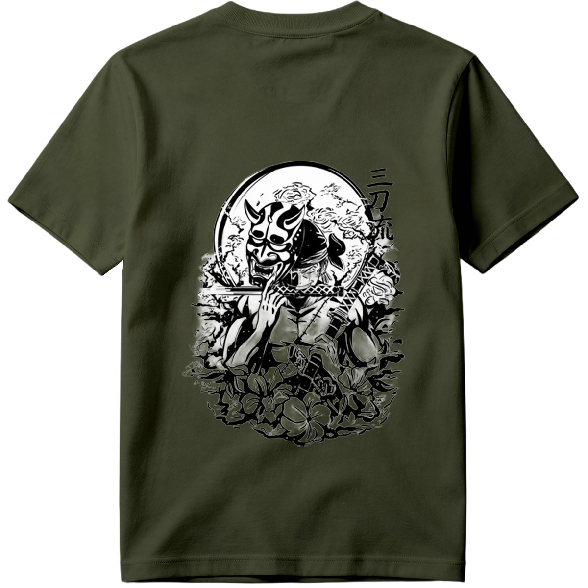 Samurai with Oni Mask and Katana in Floral Scene - Tee