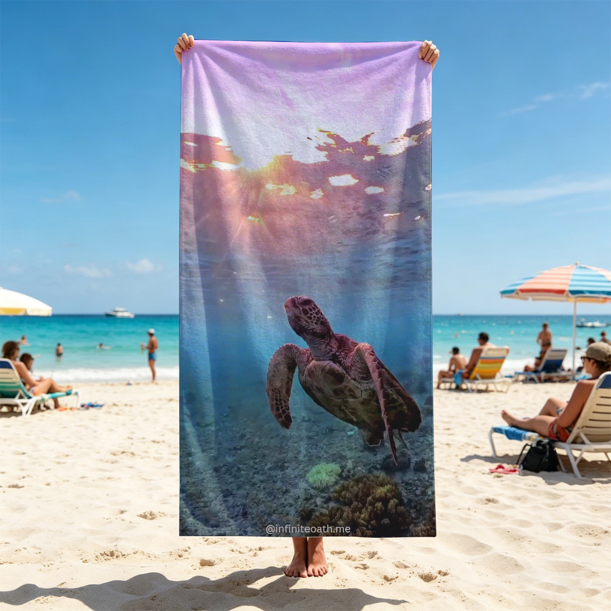 Sea turtle swims gracefully underwater as sunlight filters through the ocean surface. - Beach towels