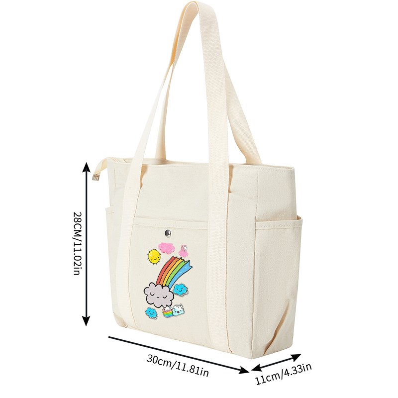 Multi Pocket Bag White with Rainbow Clouds and Sparkle Sun Print | Multi Pocket Bag White for Daily Use, School, Travel, Outdoor Activities | Ideal for Teenagers, College Students, Young Adults
