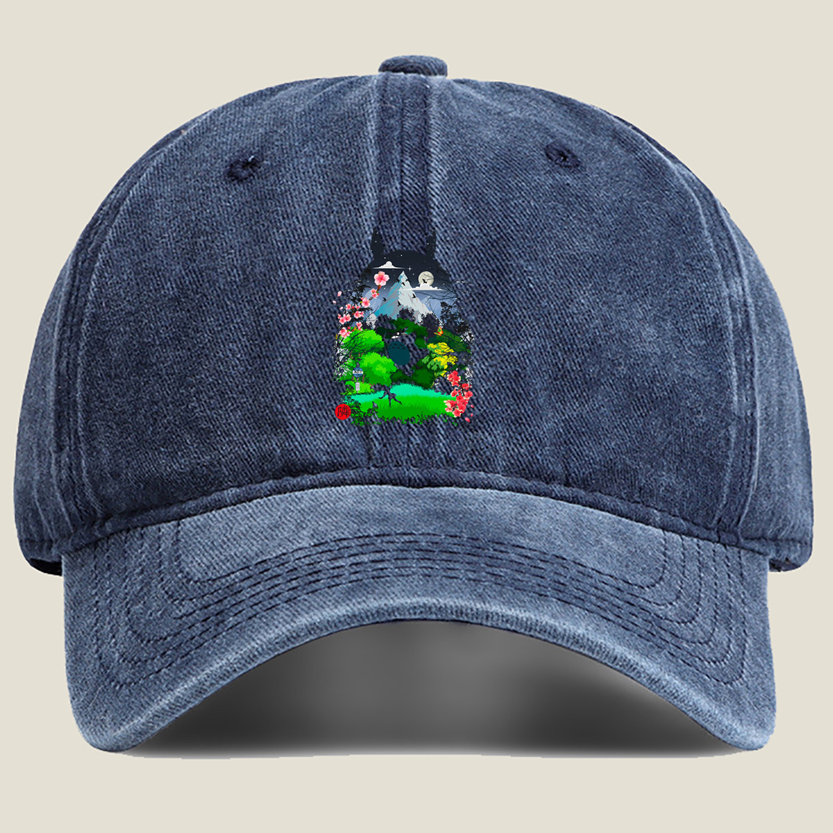 Totoro in the Cherry Blossom Garden - Washed Denim - Baseball Cap