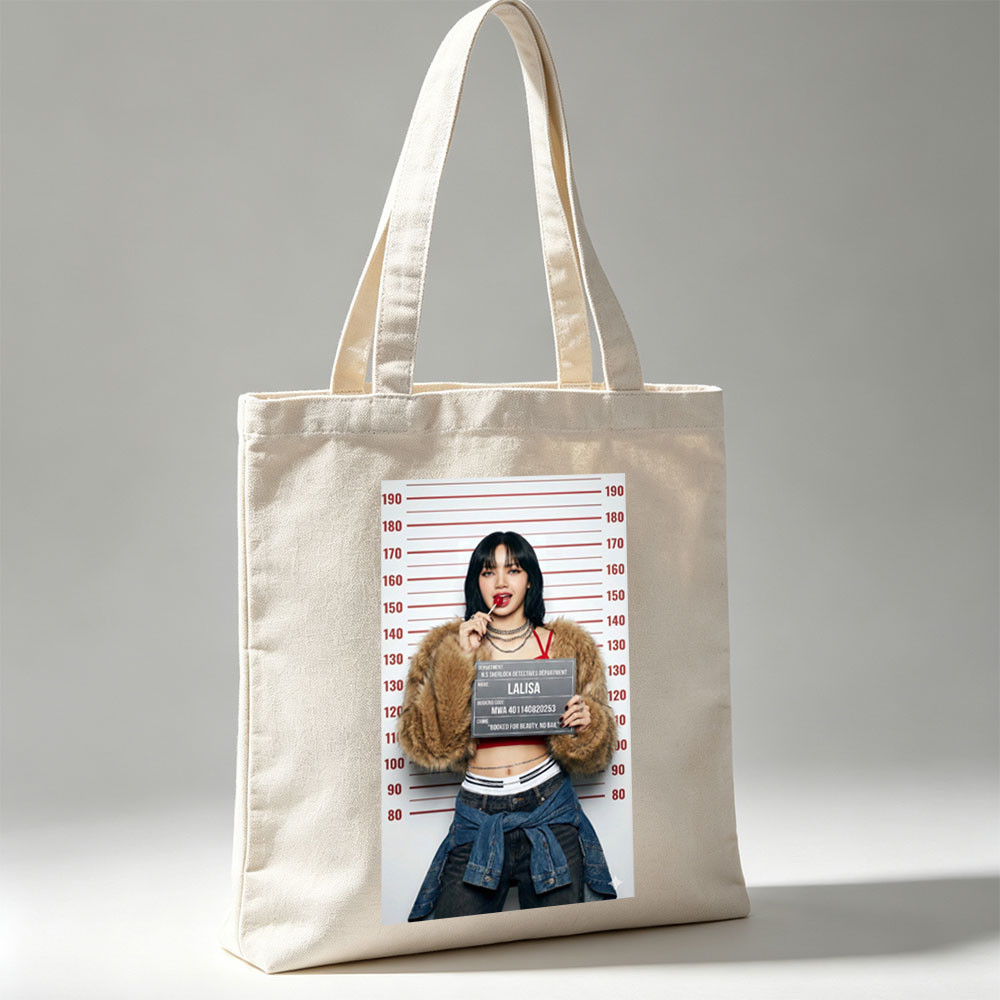 Lalisa Mugshot Scene - Black Hair, Red Lipstick, Fur Coat, and Denim Jacket in Front of Height Chart - Canvas tote bags