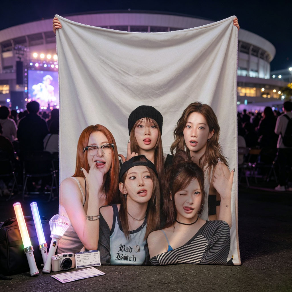 NewJeans Group Photo - Five Members Posing Together in Casual Outfits Against a Neutral Background - Blankets
