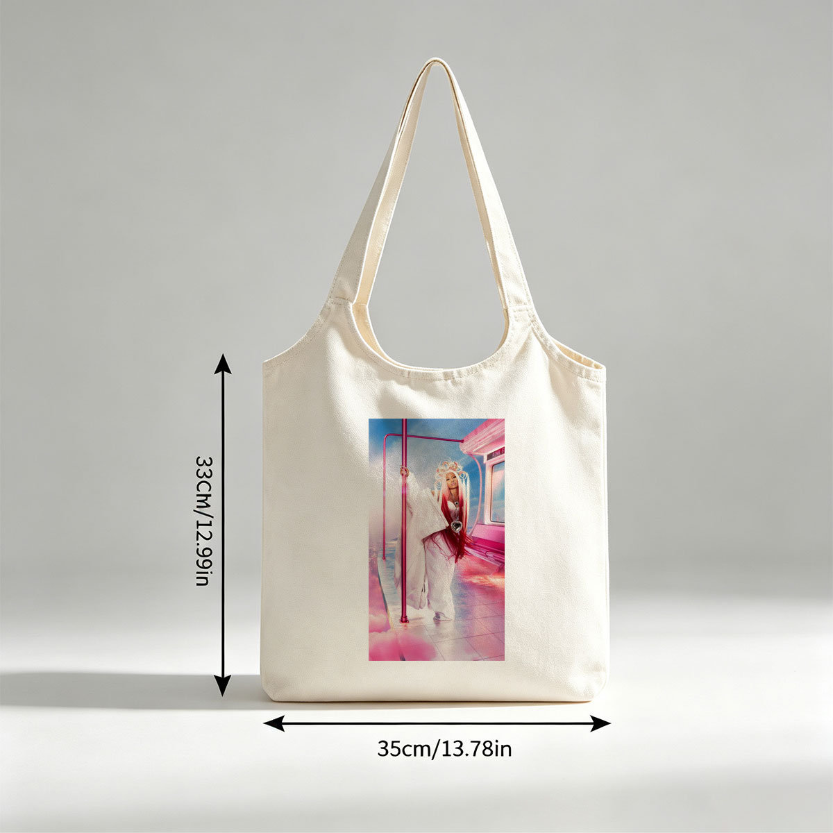 Nicki Minaj in a Pink Fantasy Scene with Futuristic Bus and Clouds - Canvas shoulder bags/