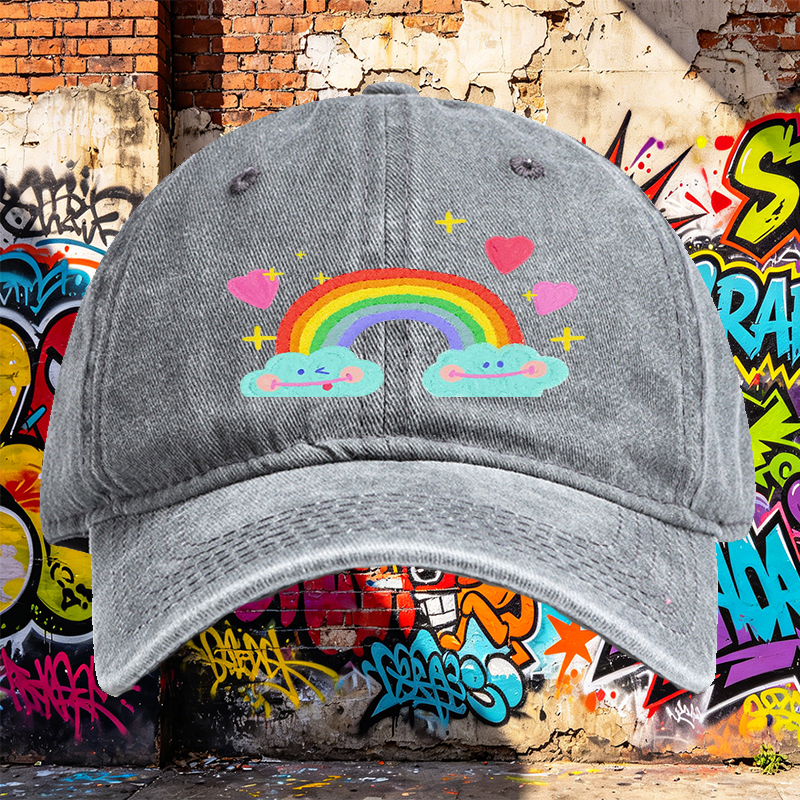 Unisex Classic Washed Cap with Rainbow Clouds and Hearts Print - Perfect for Casual Outings, Travel, and Daily Wear - Ideal for Teens and Adults Who Love Fun, Whimsical Designs