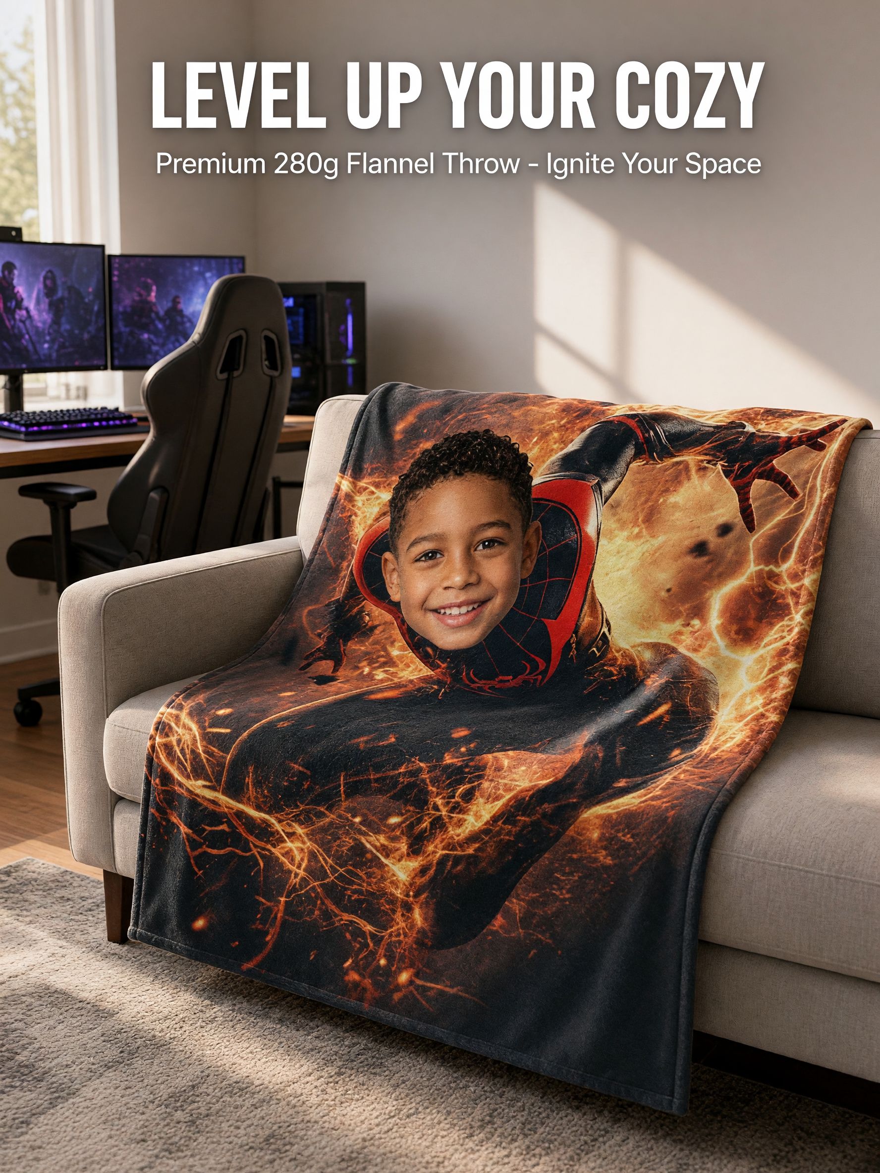 Personalized Face Superhero Flannel Blanket, Custom Photo Action Hero Plush Throw, Ideal Cozy Gift for Kids and Family