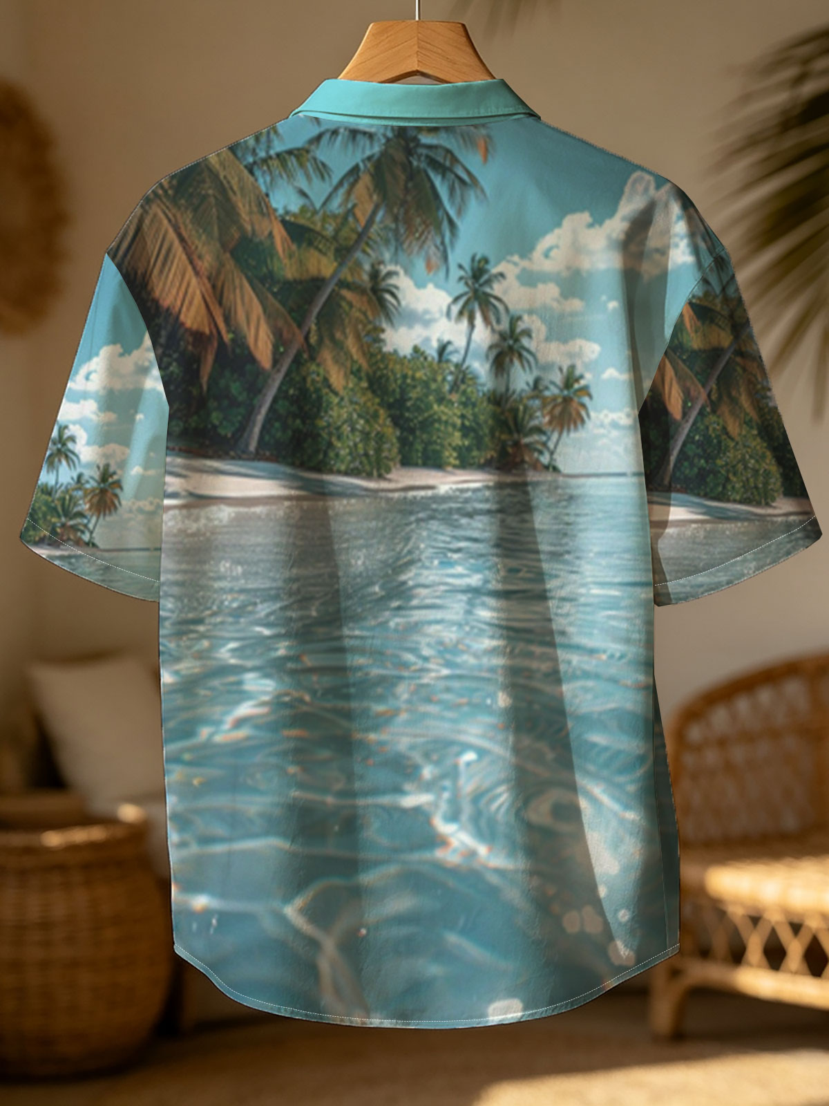 Crystal-clear waters lap against a serene tropical beach lined with swaying palm trees under a bright blue sky. -  Shirt