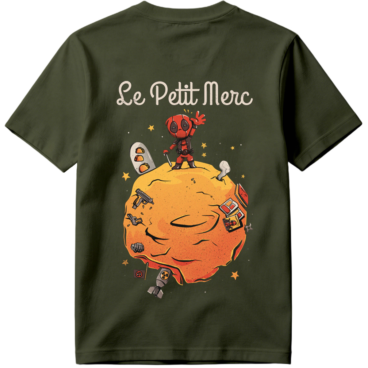 Deadpool on a Planet with Weapons and Space Items - Tee
